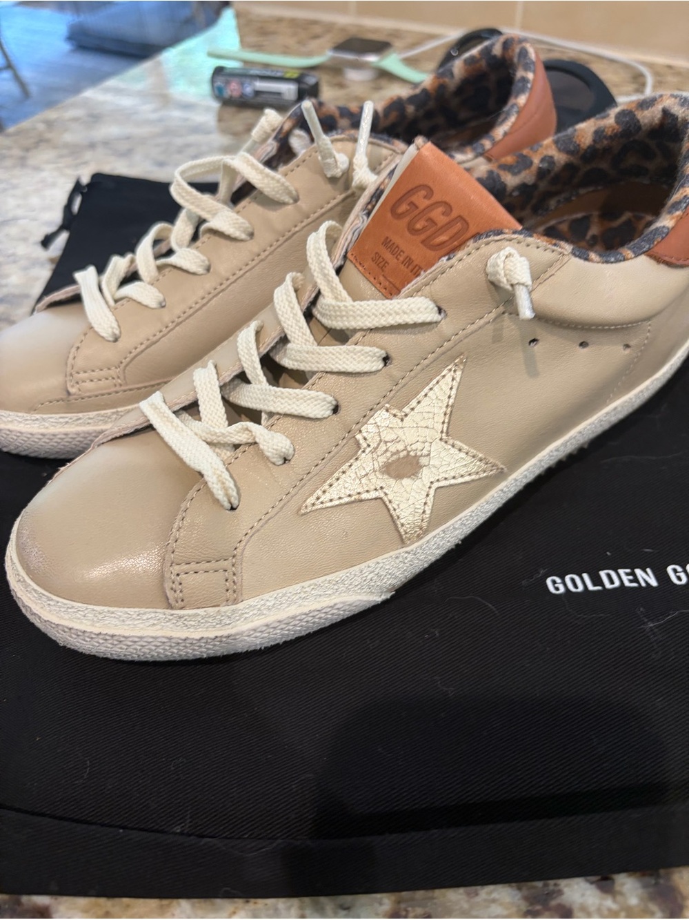Golden Goose Beige Leather Low-Top Sneakers with White Star & Leopard Lining new